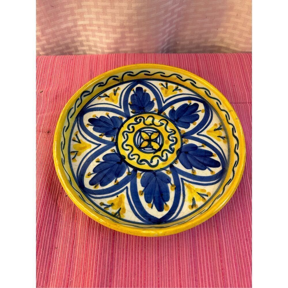 8” pottery painted plate dish blue yellow collectors‎